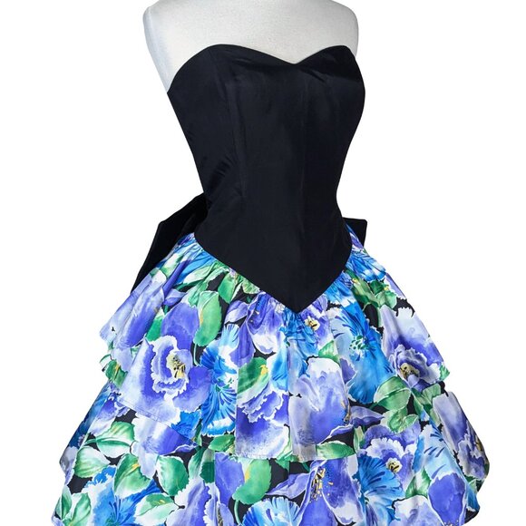 Vintage 80s Strapless Blue Floral Print Short Tiered Prom Cocktail Party Dress M - Picture 8 of 12